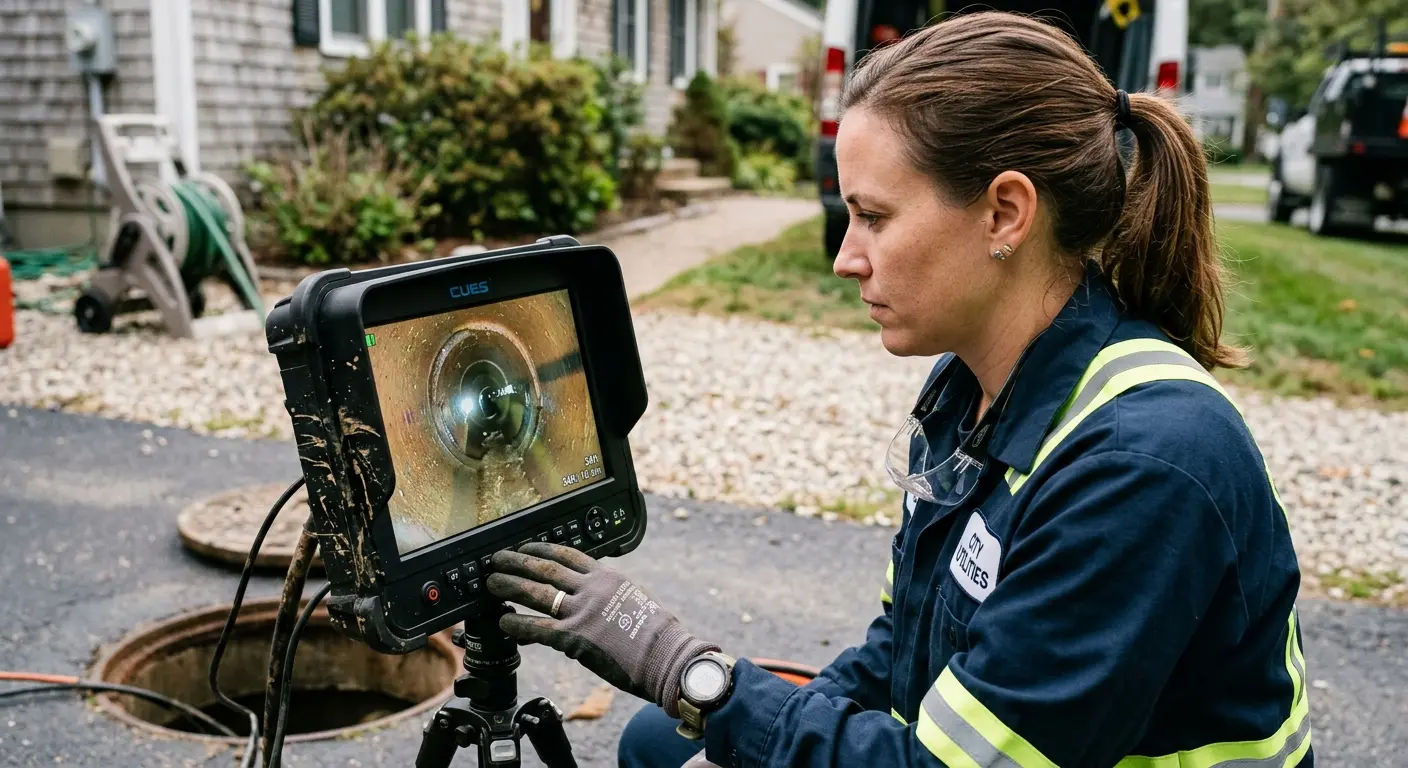 Technician reviewing sewer camera inspection footage in Pecan Grove