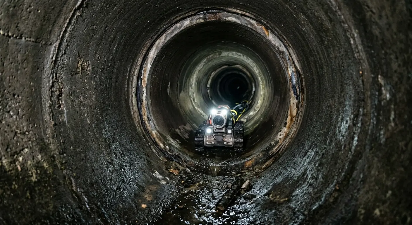 Robotic sewer camera inspecting pipe interior for Sewer Line Cleaning in Pecan Grove