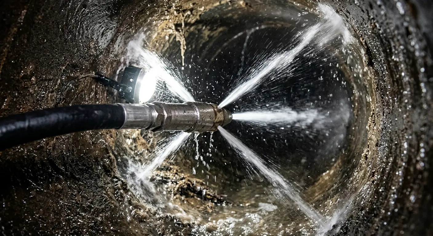 High-pressure hydro jetting nozzle cleaning sewer pipe for Storm Drain Cleaning in Pecan Grove