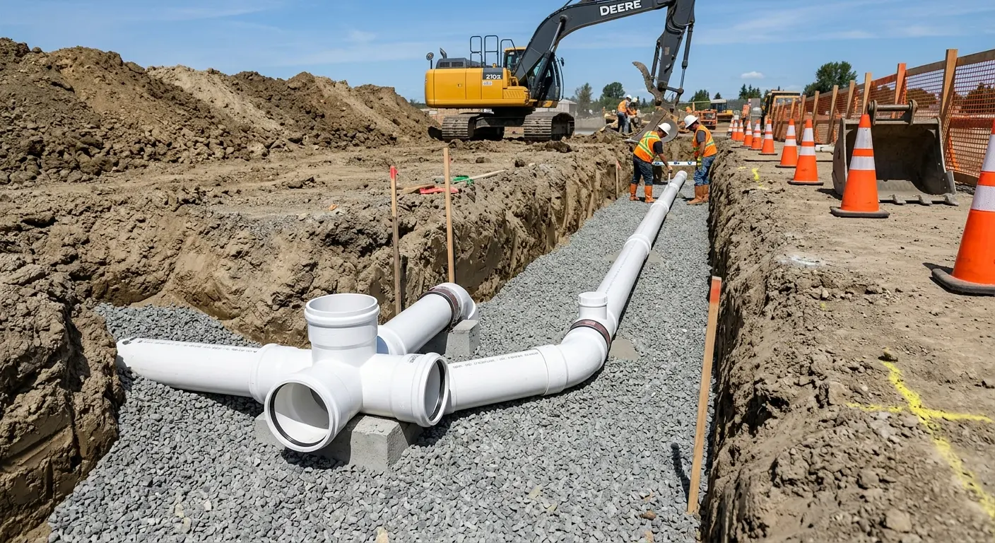 New PVC sewer pipe installation in open trench for Sewer Backup in Pecan Grove