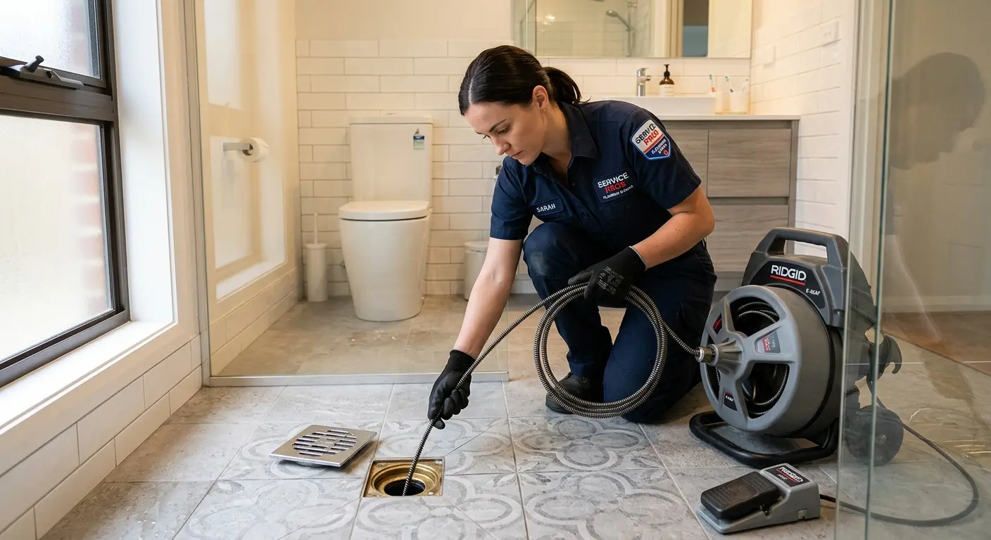 Technician clearing a bathroom floor drain for Drain Repair in Pecan Grove